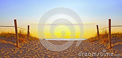 Path on the sand going to the ocean in Miami Beach Florida Stock Photo