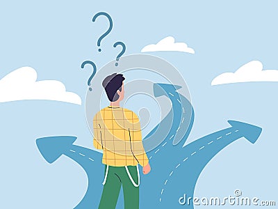 Path select. Decisive or uncertain businessman with questions choosing way direction of future career scenario Vector Illustration