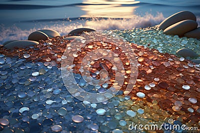 A path of shining colorful pebbles on the seashore, moon, sparkling waves landscape Stock Photo
