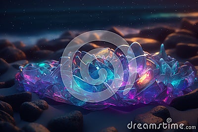 A path of shining colorful pebbles on the seashore, moon, sparkling waves landscape Stock Photo