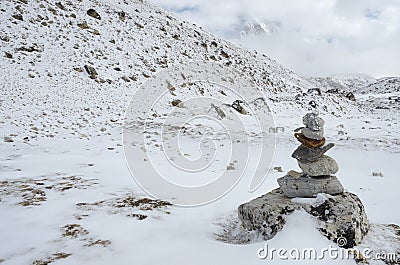 Path sign on Everest Base Camp trek in a haze ,Himalayas,Nepal Stock Photo