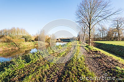 Path with tire tracks beside a narrow river Stock Photo