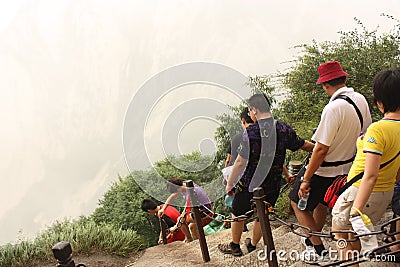 Path with tourists at Hua Shang Mountain in China Editorial Stock Photo