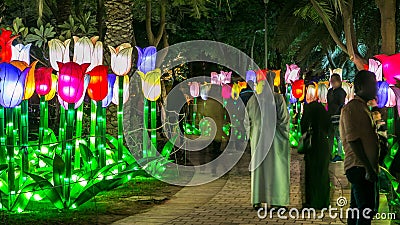 Newly opened Dubai Glow Garden day to night timelapse is a state of Art architecture featuring environment friendly Editorial Stock Photo
