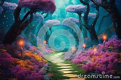 path way to beautiful magical forest fantasy ai generated Stock Photo