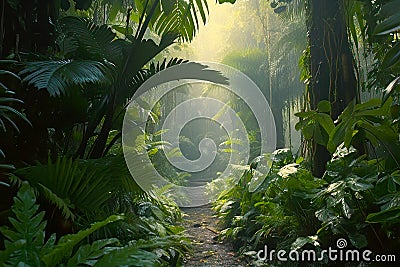 A path winds through a dense, vibrant tropical forest, illuminated by the soft glow of early morning light, creating a lush and Stock Photo