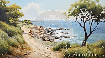 Vintage Oil Painting Of A Serene Coastline Nature Park Stock Photo