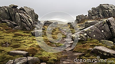 British Topographical Path: Uhd Image Of Knoll With Sharp Boulders And Rocks Stock Photo