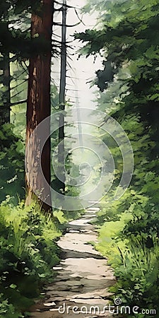 Evergreen Path: Realistic Watercolor Painting Stock Photo