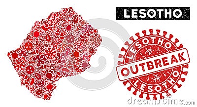 Pathogen Collage Lesotho Map with Grunge OUTBREAK Stamp Vector Illustration