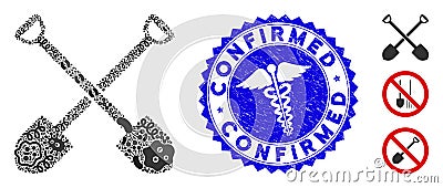Pathogen Collage Shovels Icon with Health Care Grunge Confirmed Seal Vector Illustration