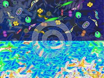 Pathogenic microflora in the intestine background. Dysbacteriosis. Dysbiosis. Killed good bacterium flora. Background Vector Illustration