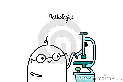 Pathologist hand drawn illustration with cartoon men doctor miscroscope laboratory Cartoon Illustration