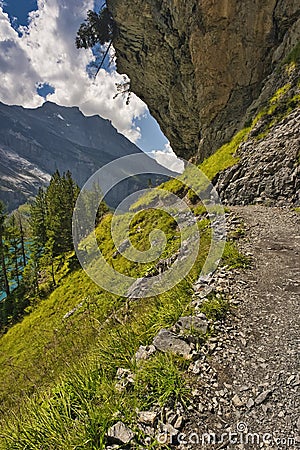 Paths and mountain trails from beautiful Oeschinensee, Kandersteg. Berner Oberland. Switzerland Stock Photo