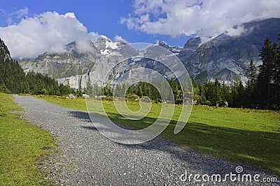 Paths and mountain trails from beautiful Oeschinensee, Kandersteg. Berner Oberland. Switzerland Stock Photo