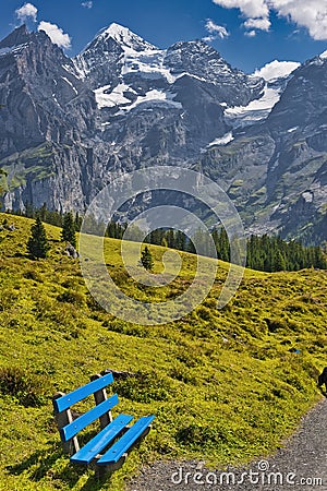 Paths and mountain trails from beautiful Oeschinensee, Kandersteg. Berner Oberland. Switzerland Stock Photo