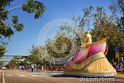 Pathum Thani, THAILAND -January, 2016 :Phramongkolthepmuni Golden scrupture on his lotus chariot and 1,131 Monks from Wat Phra Dh Editorial Stock Photo