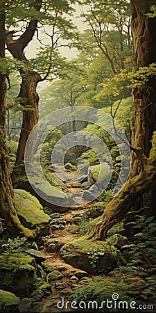 Enchanting Forest Trail A Mori Kei Inspired Landscape Painting Stock Photo