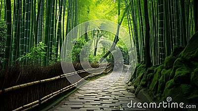 A pathway leading through an enchanting bamboo grove Stock Photo