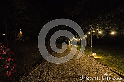 A pathway surrounded by trees and green grass in a park with lighted string lights at night Stock Photo