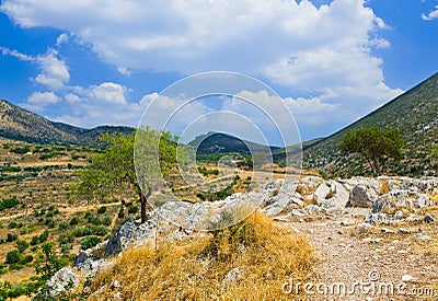 Pathway to mountains in Mycenae, Greece Stock Photo