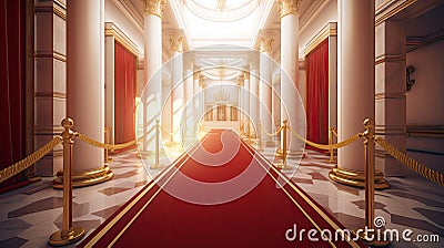 Pathway for triumph is a path delimited by an illuminated red carpet, red velvet rope barrier and golden supports. The footpath Stock Photo