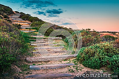 Pathway with wooden stairs at Hallett Cove Stock Photo
