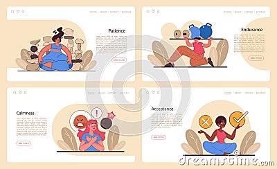 Patience set web banner or landing page. Calm person finding Vector Illustration
