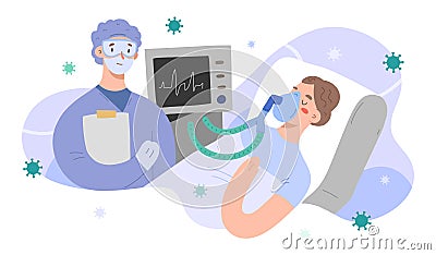 Patient on alv with doctor, vector characters, woman on artificial lung ventilation in intensive care unit, infected by Vector Illustration