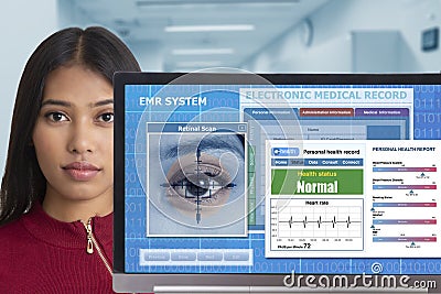 Patient being retinal scanned to searching medical record and health information Stock Photo