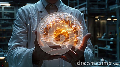 Patient brain treatment and protection concept. The doctor shows the brain protected by the shield Stock Photo