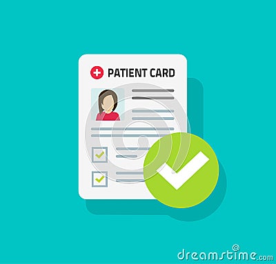 Patient card or medical form list with results data and approved check mark vector illustration, flat cartoon clinical Vector Illustration