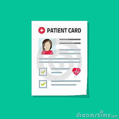 Patient card vector illustration , flat cartoon medical record paper document with patient health information Vector Illustration