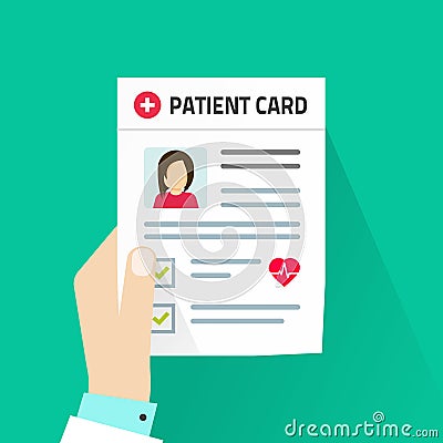 Patient card vector illustration, flat cartoon style doctor hand holding medical document with patient data or Vector Illustration