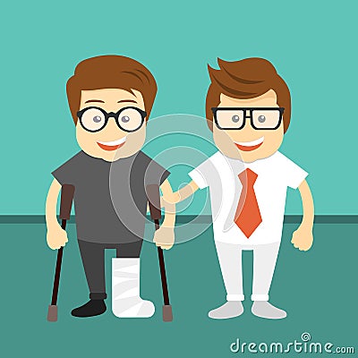 Patient care concept. Doctor and healed patient standing in front of hospital. Flat Cartoon Illustration