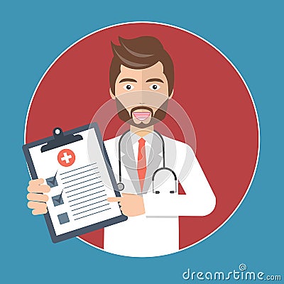 Patient care concept. Doctor and healed patient standing in front of hospital. Flat vector Vector Illustration