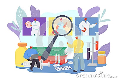 Patient choose medical doctor, vector illustration. Flat man character look at hospital physician specialist through Vector Illustration