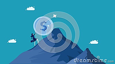 patient and committed to financial success. Businesswoman pushing a coin to the top of the mountain Vector Illustration