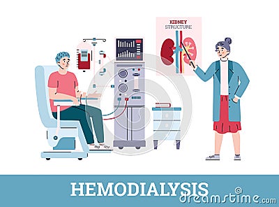 Patient connected to hemodialysis machine and doctor cartoon vector illustration. Vector Illustration