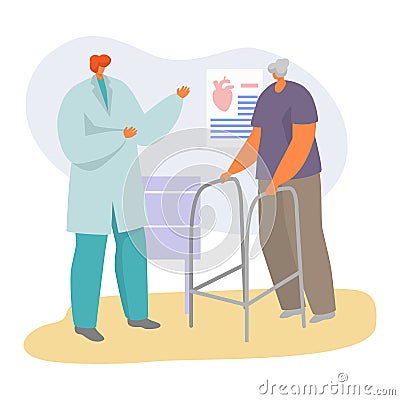 Patient on doctor appointment vector illustration, cartoon flat senior character visiting cardiologist, elderly Vector Illustration