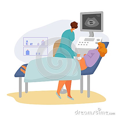 Patient on doctor appointment vector illustration, cartoon flat woman specialist character scanning pregnant isolated on Vector Illustration