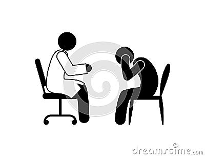 Patient at the doctor`s appointment, stickman sits at the table, stick figure Vector Illustration