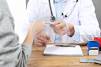 Prescription for medicines, a patient at the doctor`s office. Stock Photo