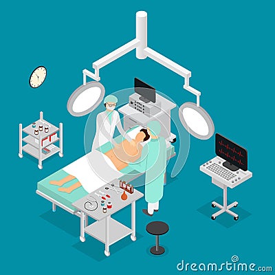 Patient and Doctor Surgery Operating Isometric View. Vector Vector Illustration