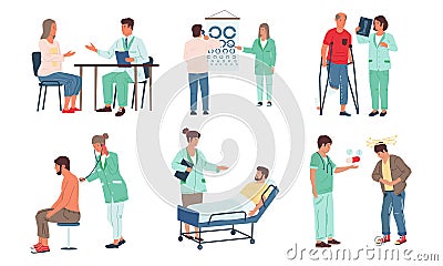 Patient examination. Consultation with doctor in clinic, disabled or injured men and women in hospital. Therapists check Vector Illustration