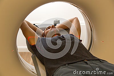 Patient examined in tomography CT at radiology Stock Photo