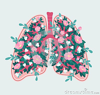 Patient-friendly floral scheme of Healthy human lungs. Health of respiratory system - medical diagram with flowers Vector Illustration