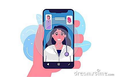 Patient hand using smartphone for telemedicine video call with doctor.generative ai Stock Photo