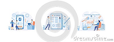 Patient health record, doctor helping people, digital patient tablet chart. Vector Illustration