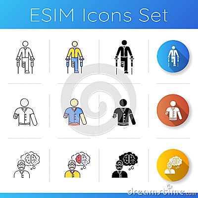 Patient with impairment icons set Vector Illustration